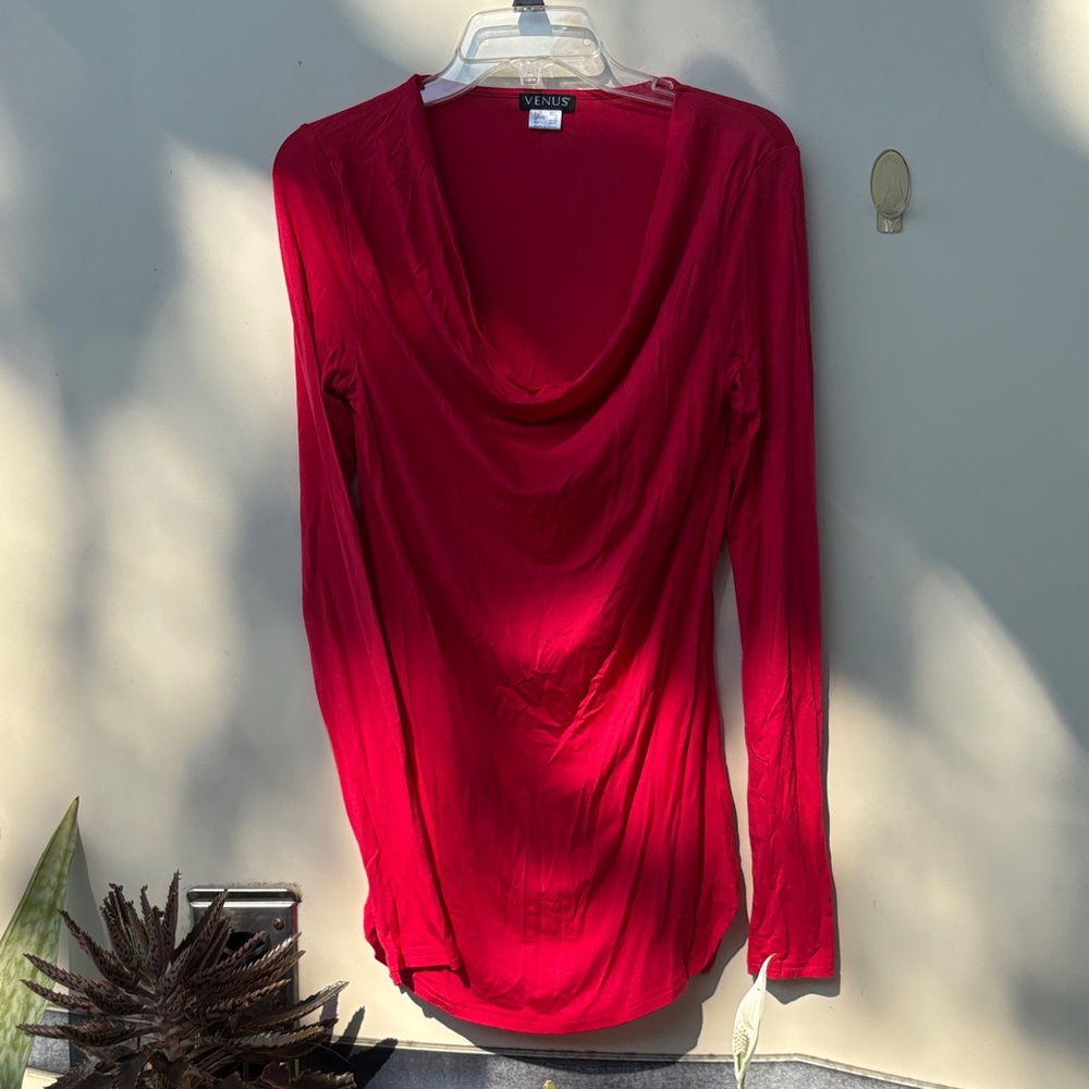 VENUS Draped Cowl Neck Long Sleeve Top - Red